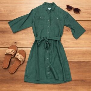 Lou & Grey Olive Green Linen Shirt Dress Safari Utility Style Women’s Small NEW